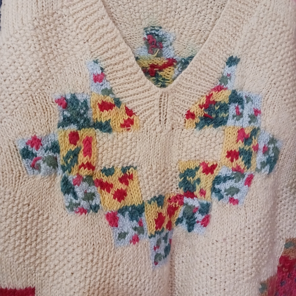 Vintage Patchwork Floral Handmade Knit V-Neck Sweater Grannycore Medium - Picture 5 of 10